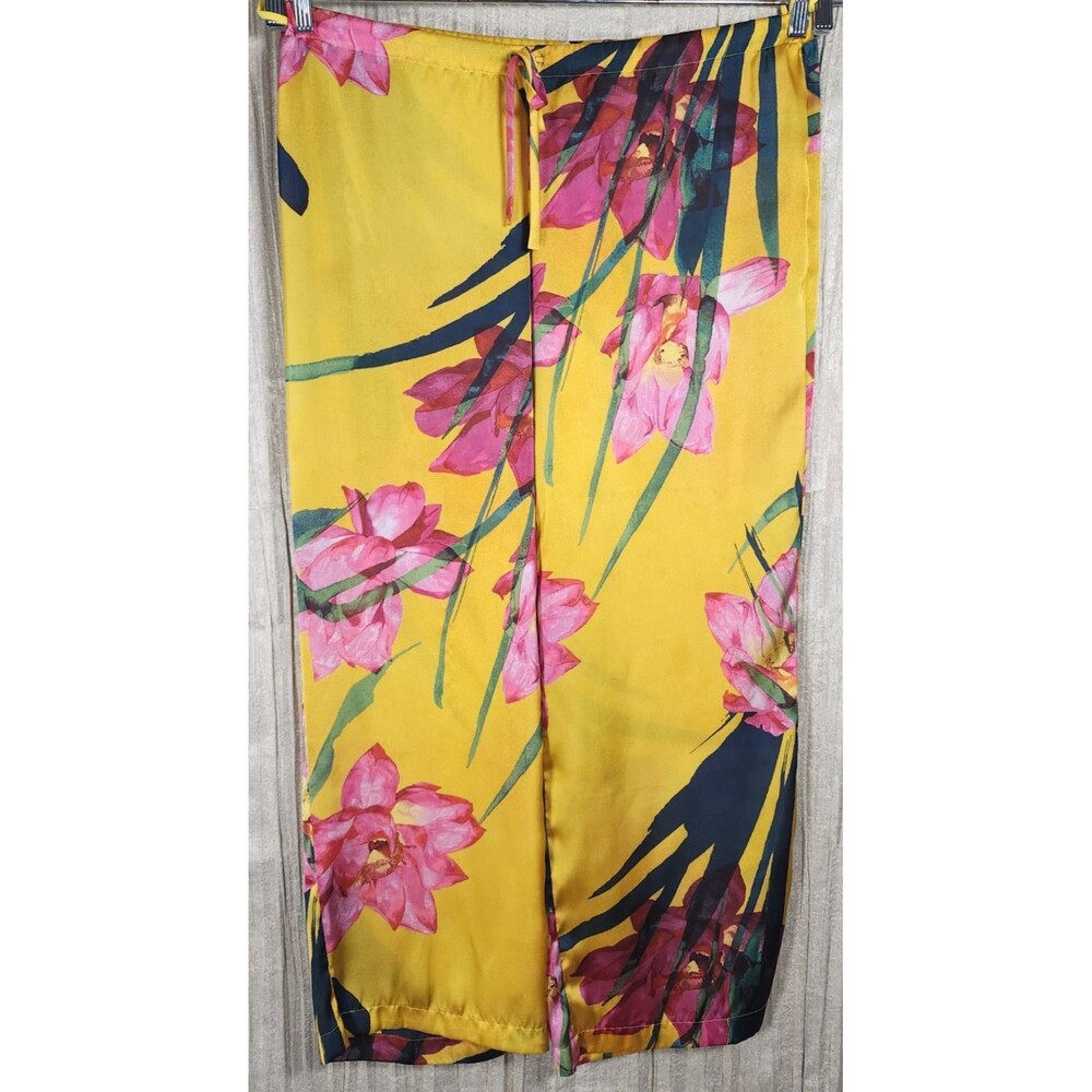 Natori Floral Wide Leg Lounge Pajama Pants Yellow Pink  Poly Satin M Lounge Bold